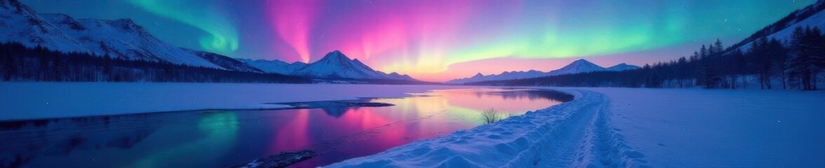 Fototapeta premium Icy lake reflects vibrant aurora, snowy path winds through winter wonderland , purple, borealis, stunning