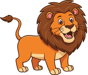 Happy cartoon lion with big brown mane standing proudly, jungle animal character illustration for kids, wildlife mascot with friendly expression