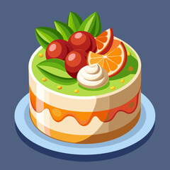 Fruit cake with decorative elements on a plate. Colorful. illustrated design of a cake with vibrant fruit and cream toppings. Delicious dessert image for a cafe or bakery