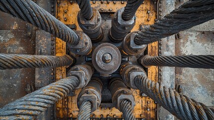 Bridge bolt connections aerial shot cable anchorage system massive bolts securing suspension bridge cables concrete foundation geometric bolt patterns