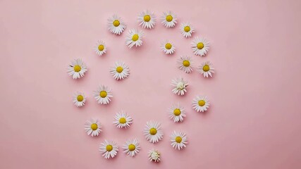 Daisies arranged in semi-circle pattern on pink background for feminine floral themes or - Powered by Adobe