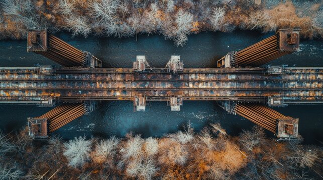 Bridge compression members overhead view cable-stayed steel towers radiating cables symmetric design river crossing modern bridge infrastructure transportation engineering - Powered by Adobe