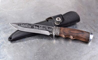 Hunting knife, steel, hard textile sheath, engraved crossbar, on an isolated background.