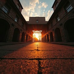 Fototapeta premium The sun sets behind a building in an old courtyard, casting warm hues across the scene and creating a serene and warm atmosphere.