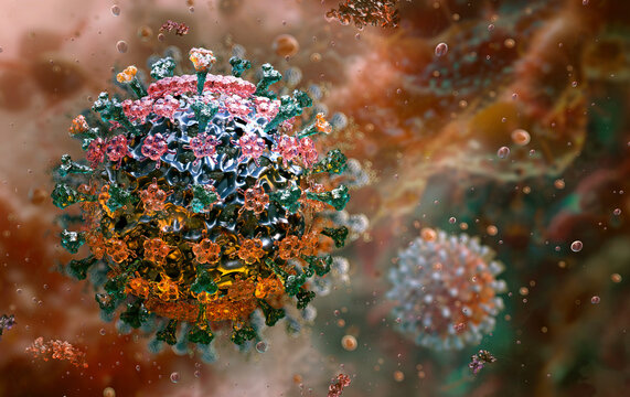 Canine Distemper Virus (CDV) viral particles 3D rendering in tissue environment. Veterinary virus causing infection in dogs. Pet health blogs, veterinary research, vaccine education, virology content