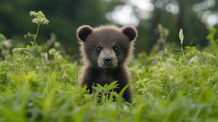 Obraz premium Cute brown bear cub sitting in lush green grass field surrounded by wildflowers during sunny day in a natural habitat