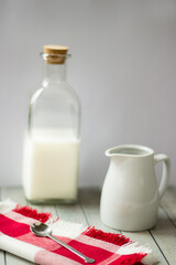 Milk Bottle and White Mugs on Minimal Breakfast Table


