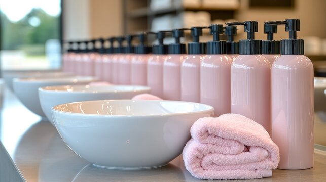 Pink bottles, bowls, and towels for spa