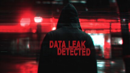 A mysterious figure in a hooded cloak stands against a backdrop of urban lights, with a glowing alert of 'Data Leak Detected.'