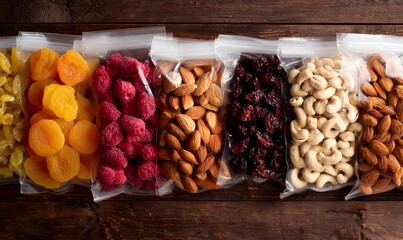 A row of dried fruit and nuts in transparent bags on a wooden table