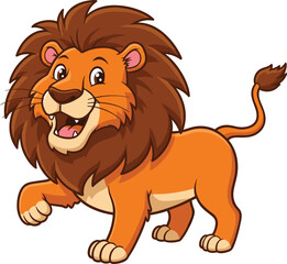 Smiling cartoon lion with big mane walking proudly, cute jungle animal character illustration for kids, wildlife mascot with happy face