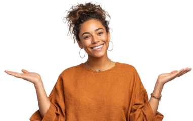 Woman smiles, presents open hands. For marketing, web, advertising.