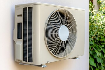 Air conditioner unit mounted on wall beside green leaves and pink flowers creating contrast between technology and nature