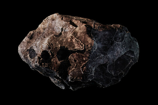 High-resolution 3D rendering illustration of a procedurally generated asteroid isolated on black background. Rocky surface, detailed displacement, and realistic space object related to astronomy.