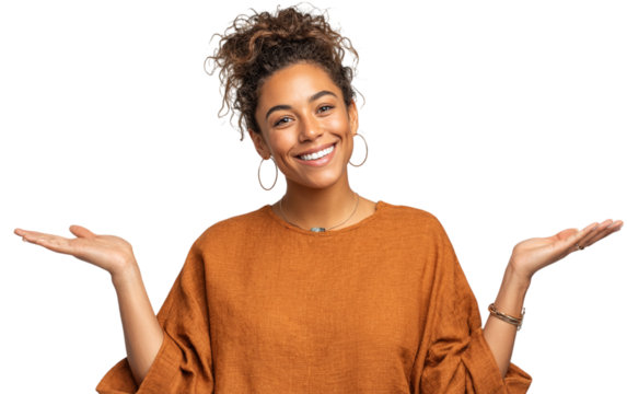 Woman smiles, presents open hands. For marketing, web, advertising. - Powered by Adobe