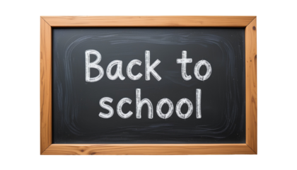 Wooden-Framed Chalkboard with "Back to School" Handwritten in Light Gray Chalk – Transparent Background