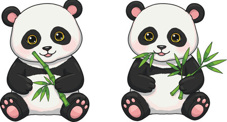 Obraz premium Two adorable cartoon pandas sitting with bamboo, perfect for children's illustrations, animal-themed designs, kids' books, and educational graphics.