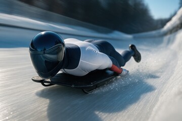 Male skeleton athlete racing headfirst down icy track at high speed. Concept of winter sport, extreme speed, male precision, frozen adrenaline, elite cold-weather discipline.