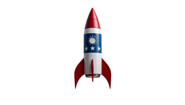 Photo of Patriotic Model Rocket with Red Nose Cone, White Band, and Blue Star Section – Transparent Background