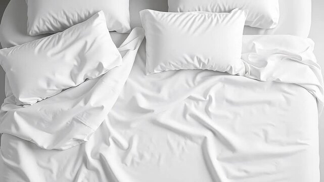 Overhead view of a white bed with wrinkled sheets and pillows creating a clean aesthetic look