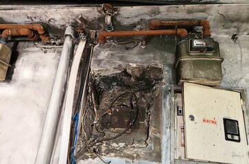 Burned electrical wiring in the house after fire