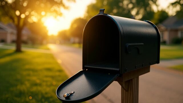 Rural delivery service. Black mailbox open wooden post by suburban street during warm sunset glow with empty mailbox outdoor residential area evening