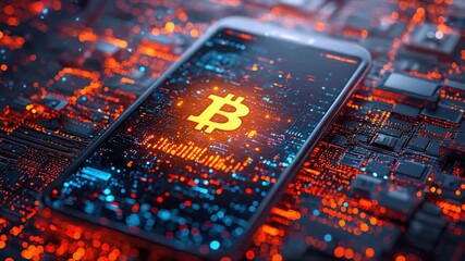 Smartphone displaying bitcoin symbol over a digital circuit board background, representing finance. - Powered by Adobe