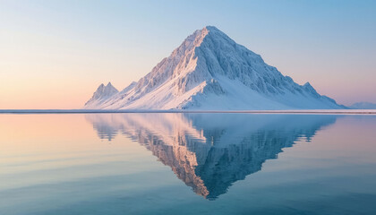 Lonely white mountain above the sea with reflection in pastel colors.