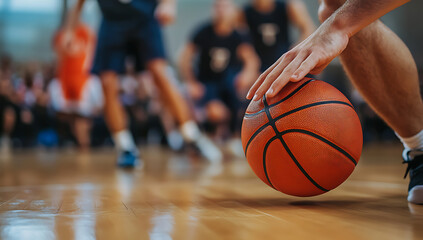 Close-up of a basketball being dribbled on a shiny wooden court during a game, with blurred players in the background.