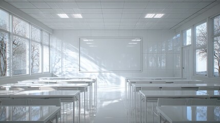 Empty blank white school board in modern classroom with bright natural light streaming through large windows creating a serene learning environment with copy space