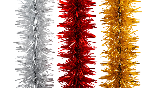 Photo of Silver, Red, and Gold Tinsel Garlands – Glittery Metallic Strips on Transparent Background