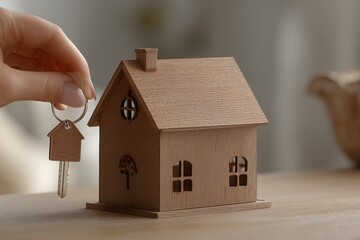 Woman holding keys and small wooden house model: real estate investment concept