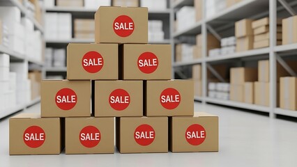 Stacked cardboard boxes with red SALE labels in a warehouse environment, symbolizing bulk discounts, promotional campaigns, or inventory clearance events.