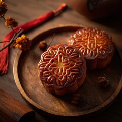 Geometric cloud pattern mooncakes on bamboo plate with osmanthus flowers, red silk ribbon and warm terracotta tones, minimalist Mid-Autumn festival still life for luxury branding
