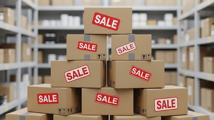 Stacked cardboard boxes with red SALE labels in a warehouse environment, symbolizing bulk discounts, promotional campaigns, or inventory clearance events.