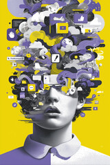 Human head opened with chaotic browser tabs, icons, notifications flying out, symbol of information overload, colorful vector illustration, modern UI elements
