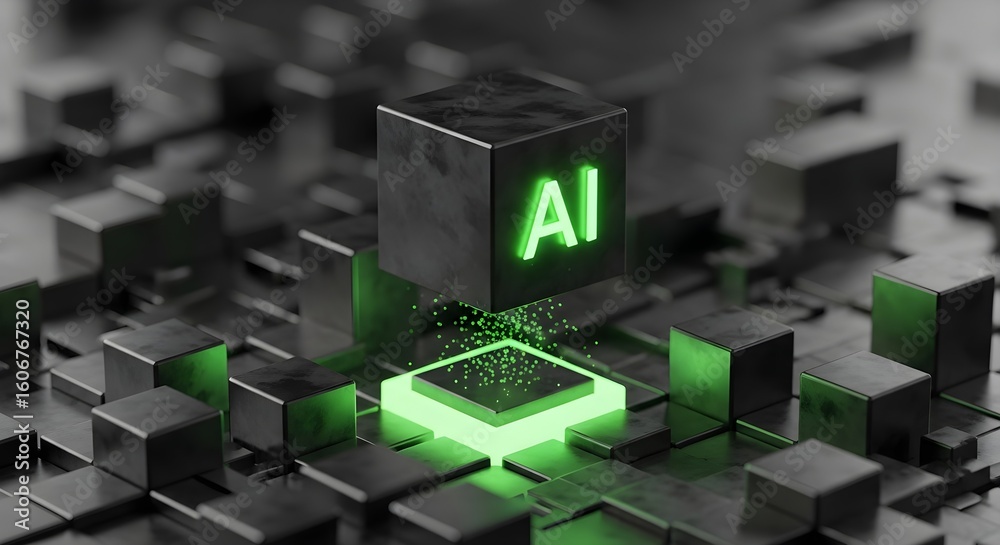 Poster neon green ai letters on dark cube with glowing particles. artificial intelligence or machine learni