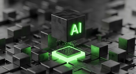 Neon green ai letters on dark cube with glowing particles. Artificial intelligence or machine learning concept for technology.