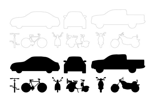 This vector car, bike, bicycle vehicles in both silhouette and outline styles. Ideal for CAD drawings, diagrams, and presentations, 