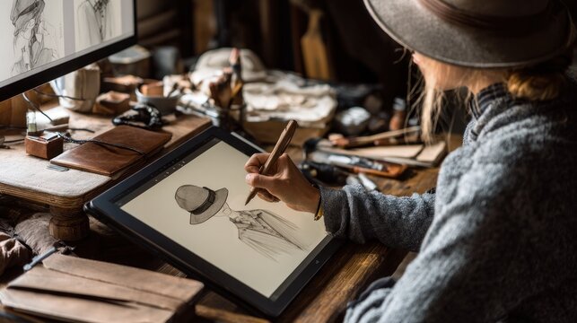 A person wearing a hat sketches a fashion design on a digital tablet in a cozy, vintage-style workspace filled with art supplies.
