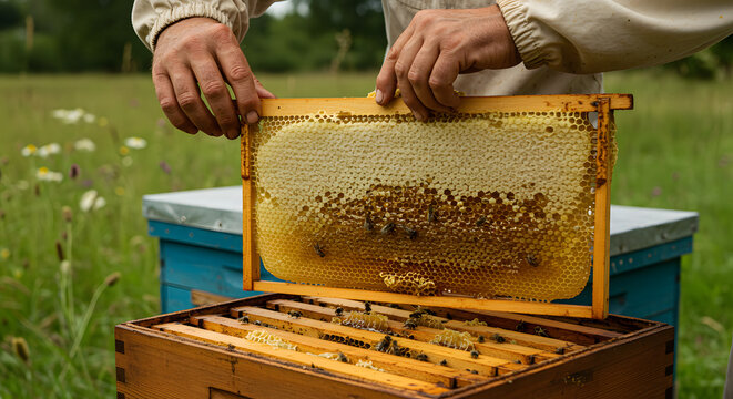 Beekeeper holding a honeycomb frame above an open beehive, inspecting the honey and bees in a green field.