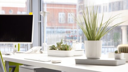 A bright modern workspace with an ergonomic chair, computer monitor on a sleek desk near a sunny window,