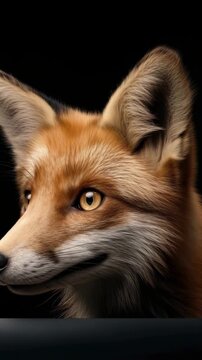 Curious fox gazes with striking eyes while posing against a dark background