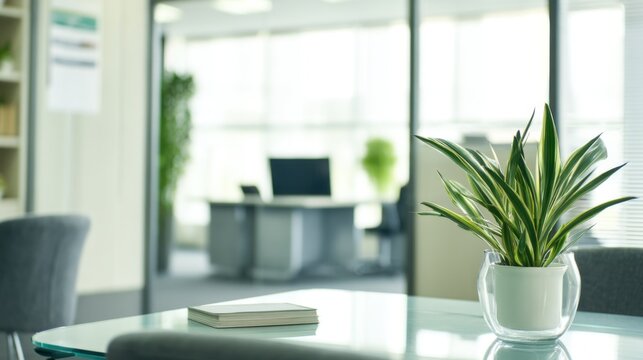 A modern office space with a glass table featuring a potted plant, blurred background with desks and chairs,