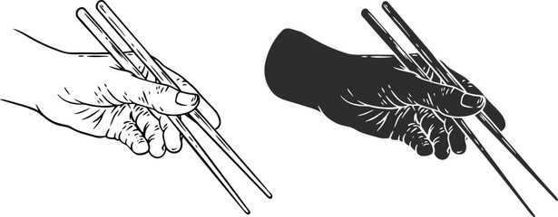 Hand holding chopstick in monochrome color. Traditional kitchen equipment asian food. Vintage hand draw vector illustration.