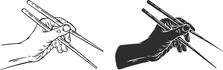 Hand holding chopstick in monochrome color. Traditional kitchen equipment asian food. Vintage hand draw vector illustration.