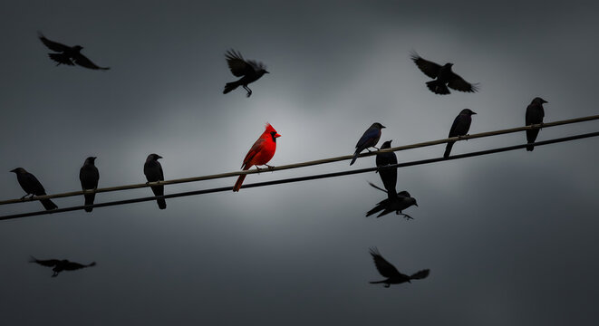 A vibrant red cardinal perched on a wire among a flock of dark birds against a stormy, overcast sky.