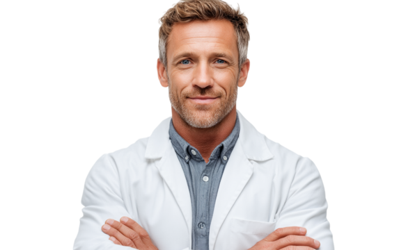 Confident Doctor Poses with Arms Crossed. Man in lab coat conveys medical expertise. Perfect for healthcare marketing, website design, and editorial use.