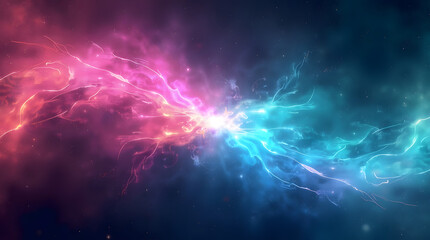 Fototapeta premium A cosmic glow with vibrant neon colors, including electric pink, turquoise, neon green, and electric blue. Glowing nebula and swirling energy create a dynamic, high-energy space atmosphere.