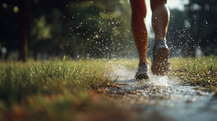 Athlete running on wet trail splashing water in the park